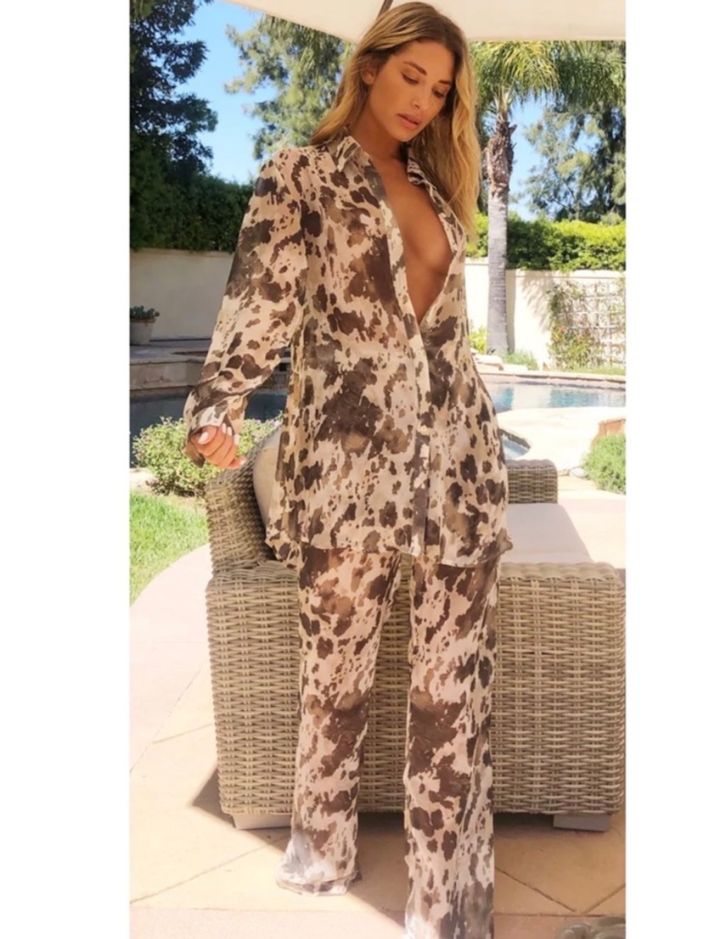 PrettyLittleThing Sheer Brown Cow Print Wide Leg Pants Size 14 Resort Beach - Picture 2 of 8